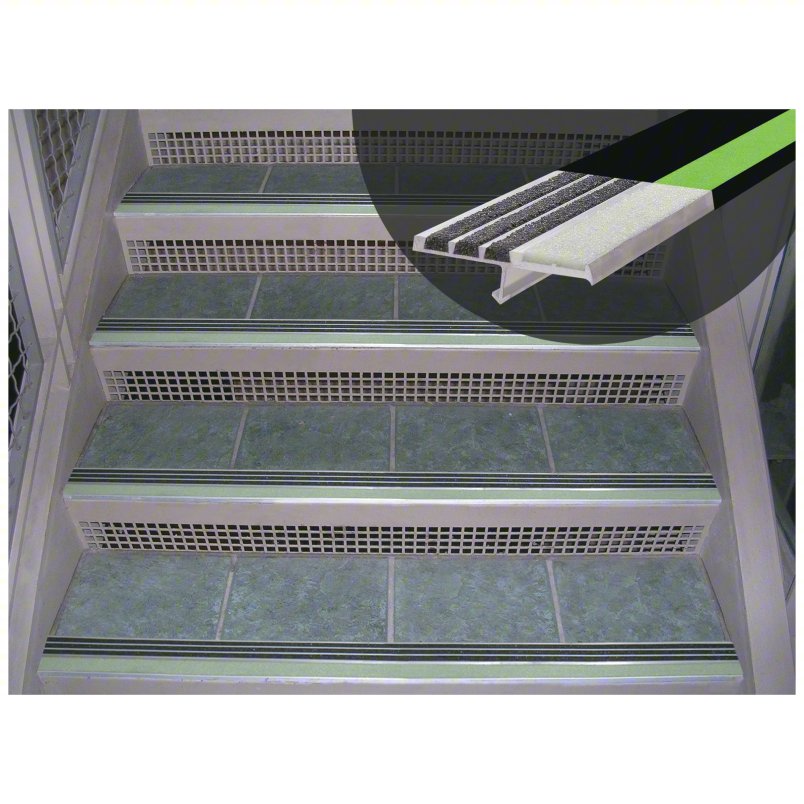 Stair Nosing: Multi-Strip Grit, Glow-in-the-Dark, Aluminum, Set-in-Concrete, 48 in Wd, 3 in Dp