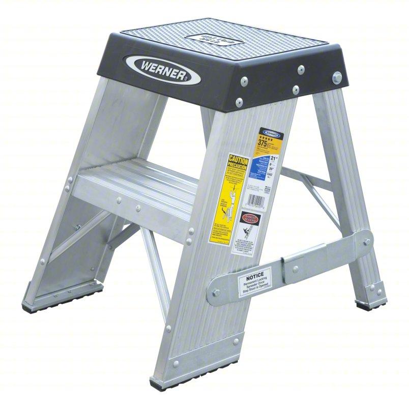 WERNER Step Stool: 2 Steps, 3 ft Overall Ht, 375 lb Load Cap, Aluminum, 1.7 ft Standing Ht