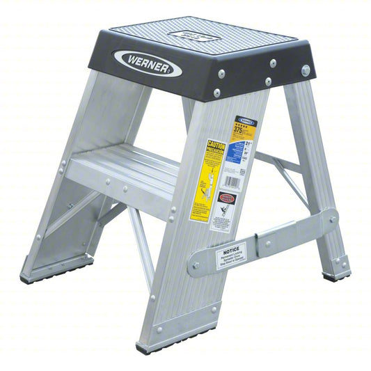 WERNER Step Stool: 2 Steps, 3 ft Overall Ht, 375 lb Load Cap, Aluminum, 1.7 ft Standing Ht