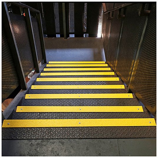 Anti-Slip Stair Nosing: Full Coverage Grit, Steel, 18 in Wd, 3 7/64 in Dp, Yellow, 51/64 in Nose Ht