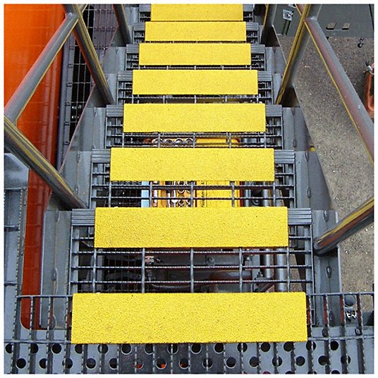 Anti-Slip Stair Nosing: Full Coverage Grit, Steel, 18 in Wd, 3 7/64 in Dp, Yellow, 51/64 in Nose Ht