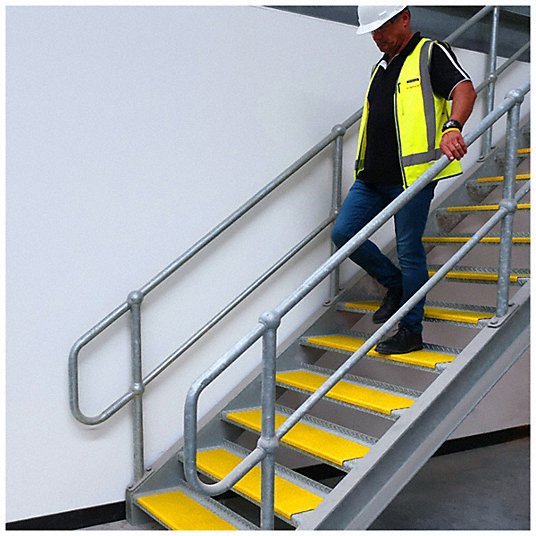 Anti-Slip Stair Nosing: Full Coverage Grit, Steel, 18 in Wd, 3 7/64 in Dp, Yellow, 51/64 in Nose Ht