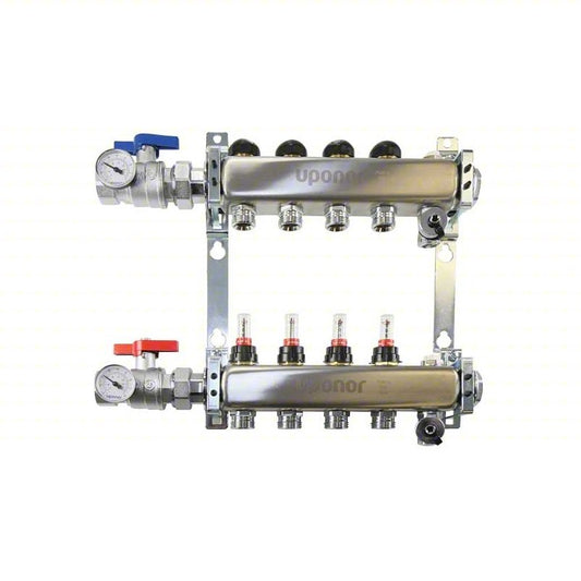 UPONOR Manifold Assembly: Stainless Steel, 1 1/4 in, 3/4 in, 1 Inlets, 1 Outlets, 23.1 in Overall Lg