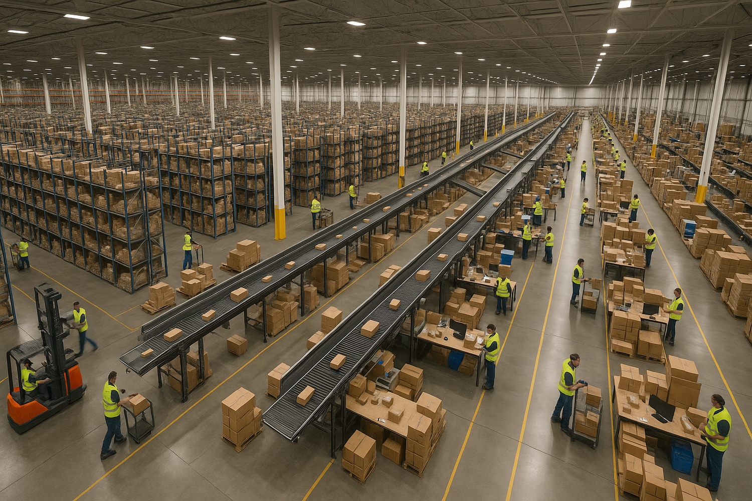 Overlooking a large fulfillment center full of employees 