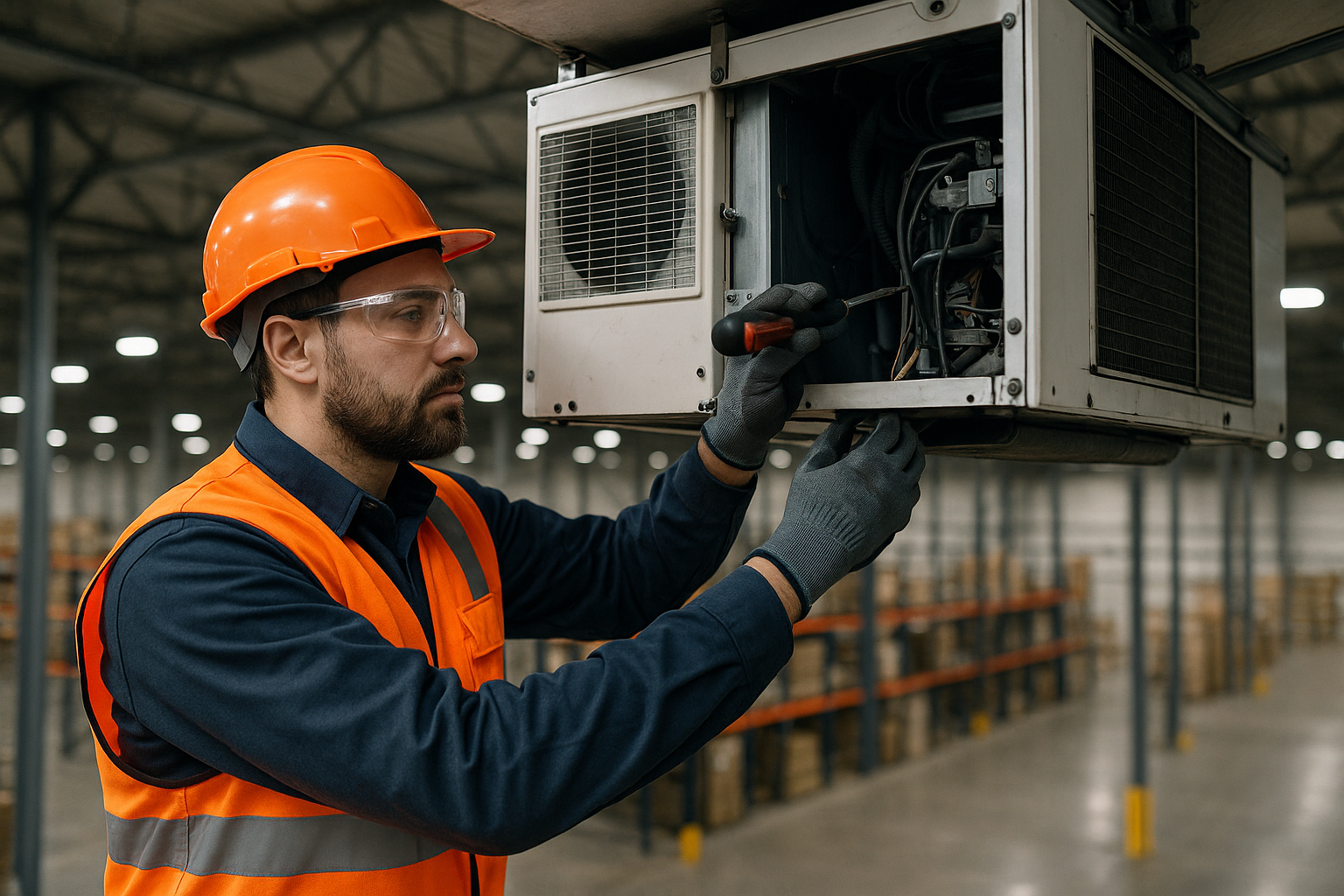 Technician doing HVAC maintenance in a large fulfillment center with a safety vest, safety glasses and safety gloves on 